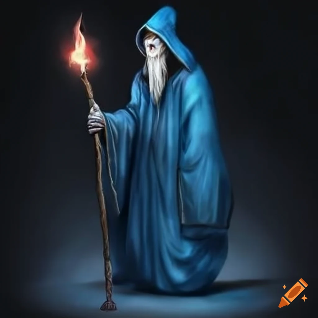 image of a dark fantasy wizard in a blue robe