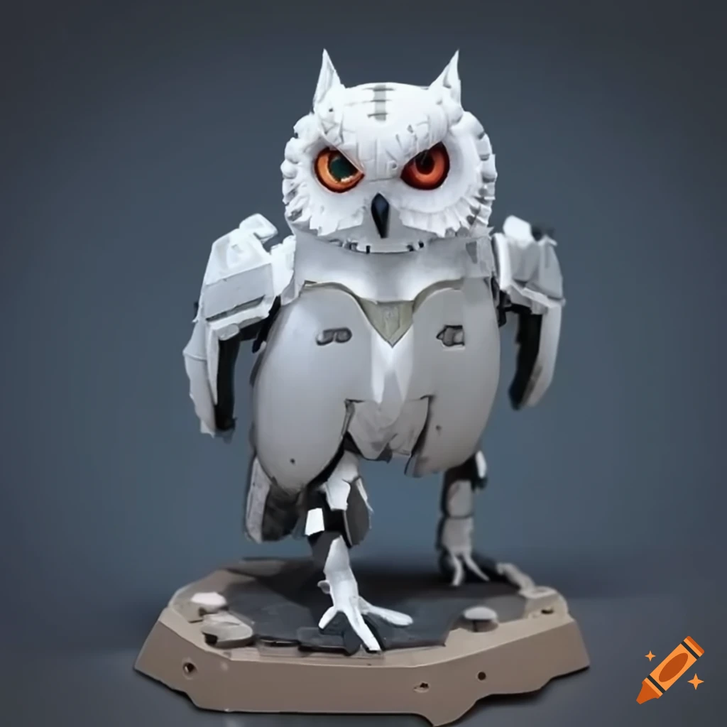 Image of a fully robotic white owl with battle tech accessories on Craiyon