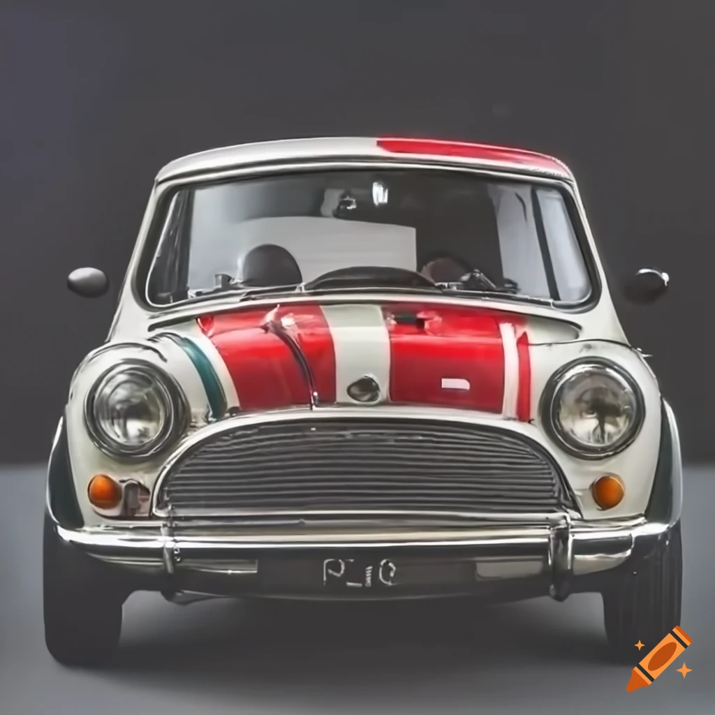 Front view of a vintage mini cooper with british flag pattern