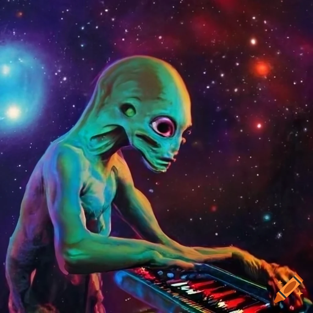 vintage fantasy cover art of an alien creature playing synthesizer