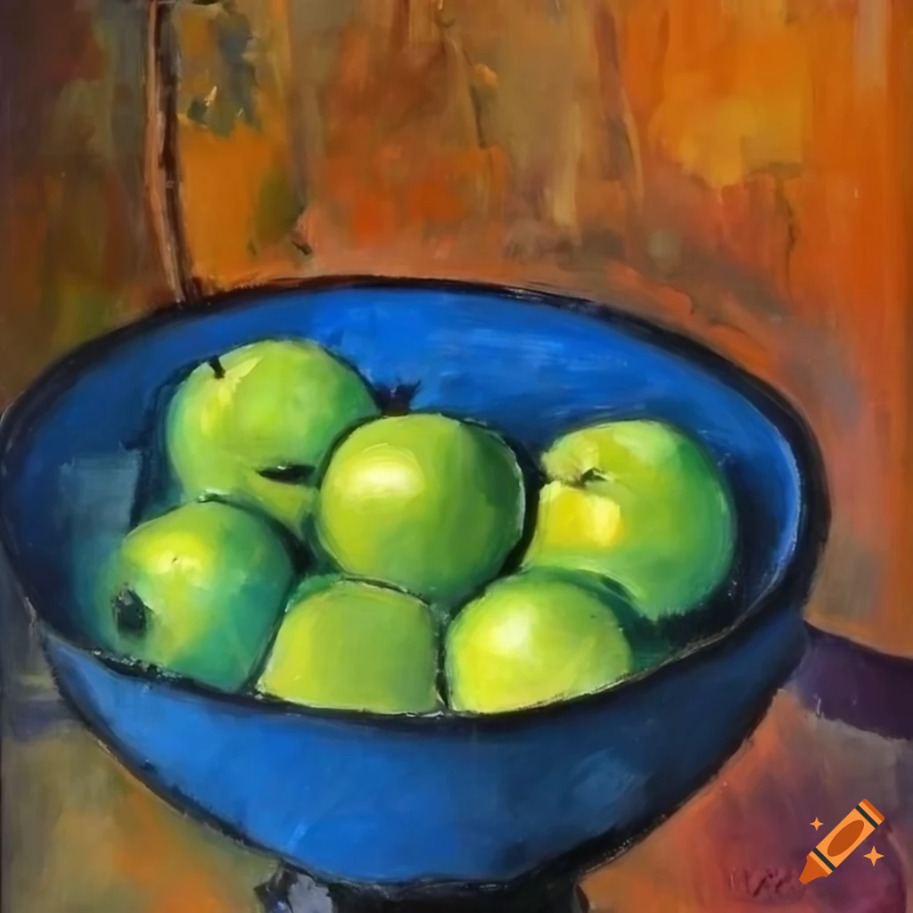 Modigliani oil painting of green apples in a blue colander