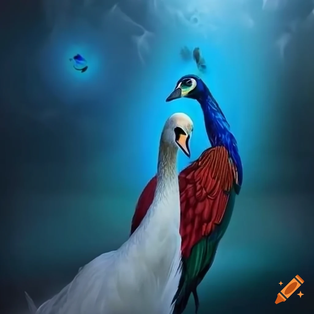 artwork of a peacock and swan reflecting in a mirror