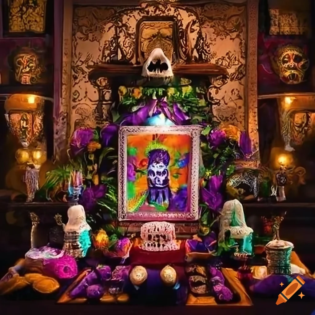 day of the dead altar with a hearse
