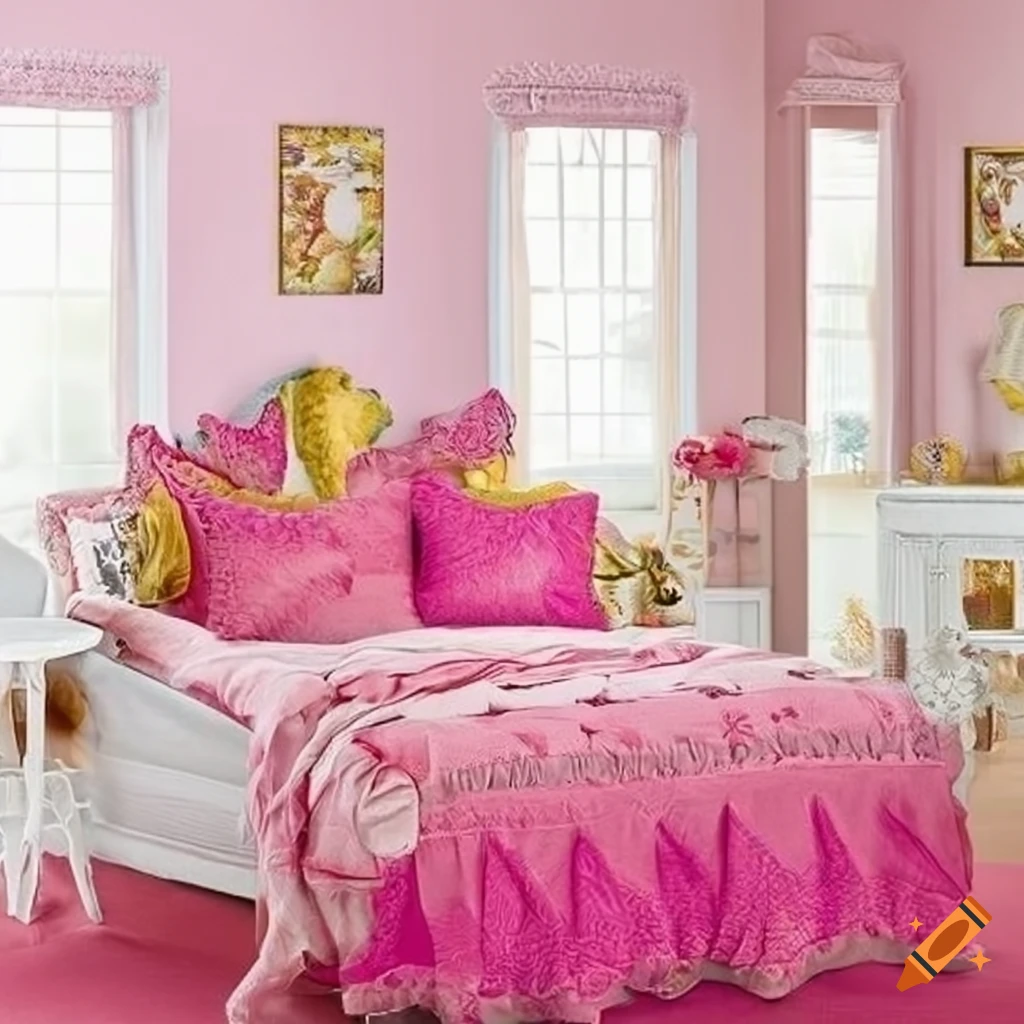 colorful cushions in a pink palace-themed bedroom