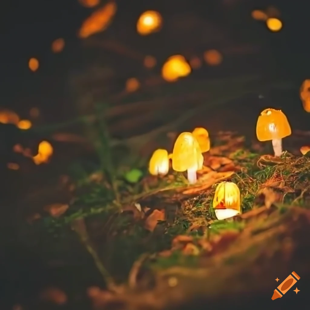 Night forest with glowing mushroom lanterns on Craiyon
