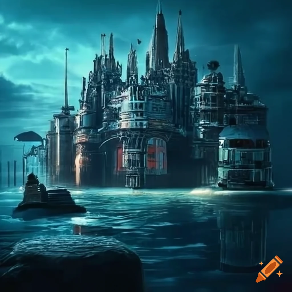 Podwodne miasto science-fiction z olbrzymimi kreaturami on Craiyon