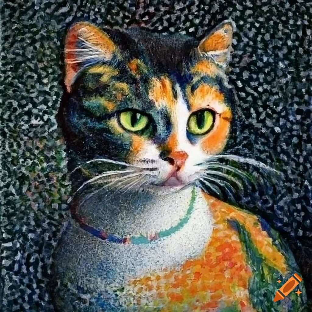 calico cat painting in pointillism style