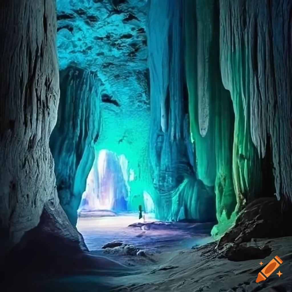 Luminous stone path in a cave with glowing liquid on Craiyon