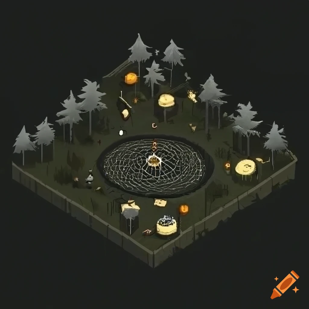 top-down isometric gaming map of a dark forest with a Dream catcher