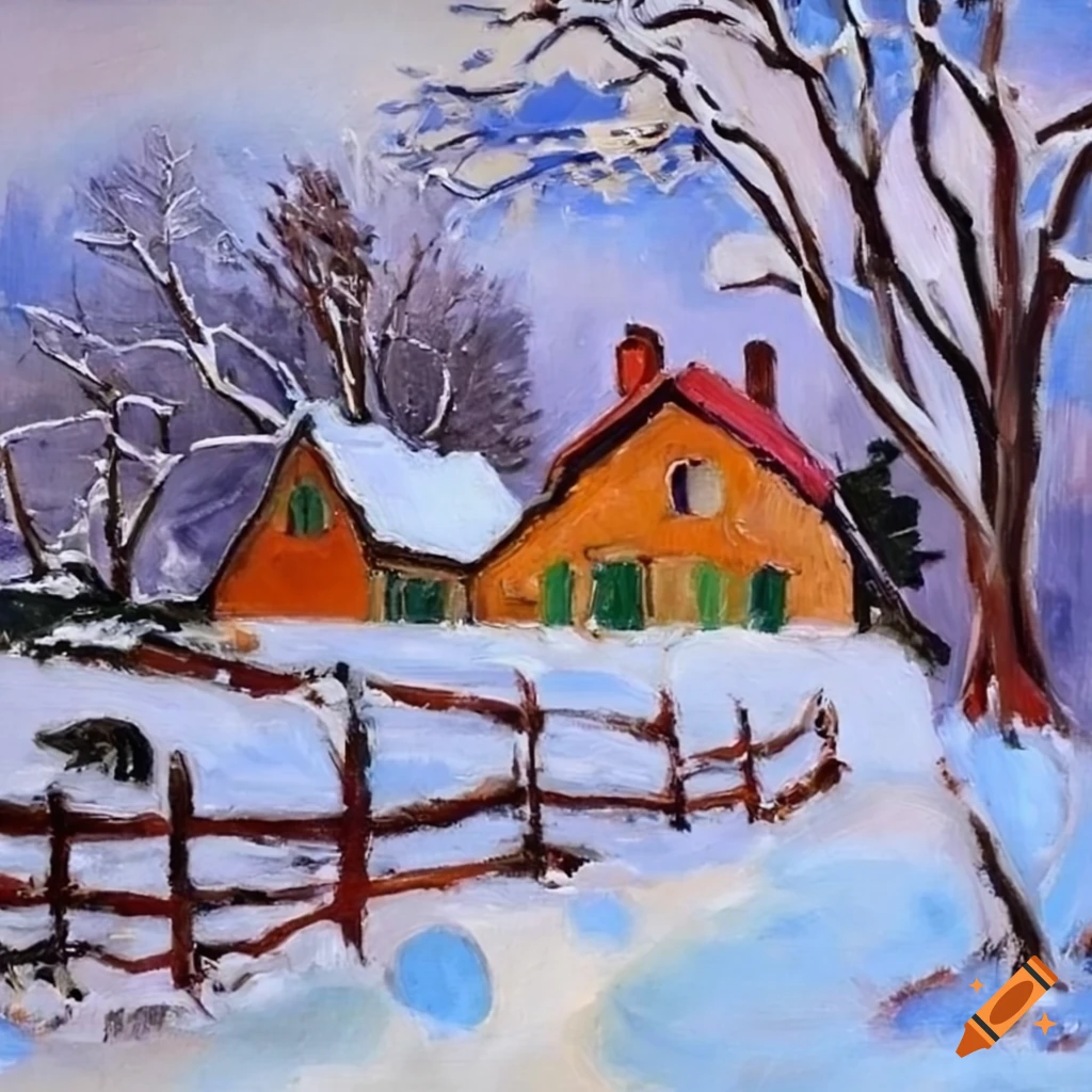 captivating oil painting of a snow-covered countryside with a charming French country house