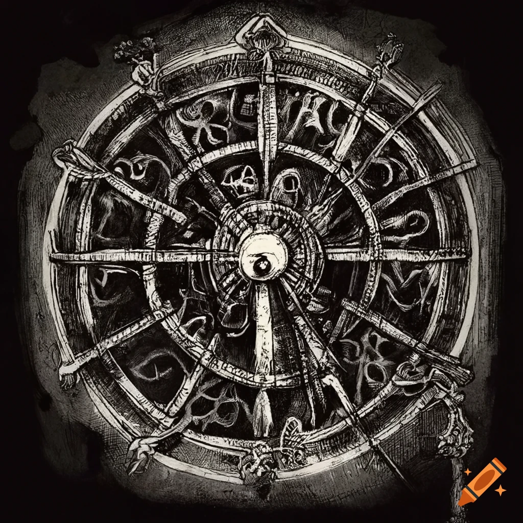 ink art of a scary circus Tarot card