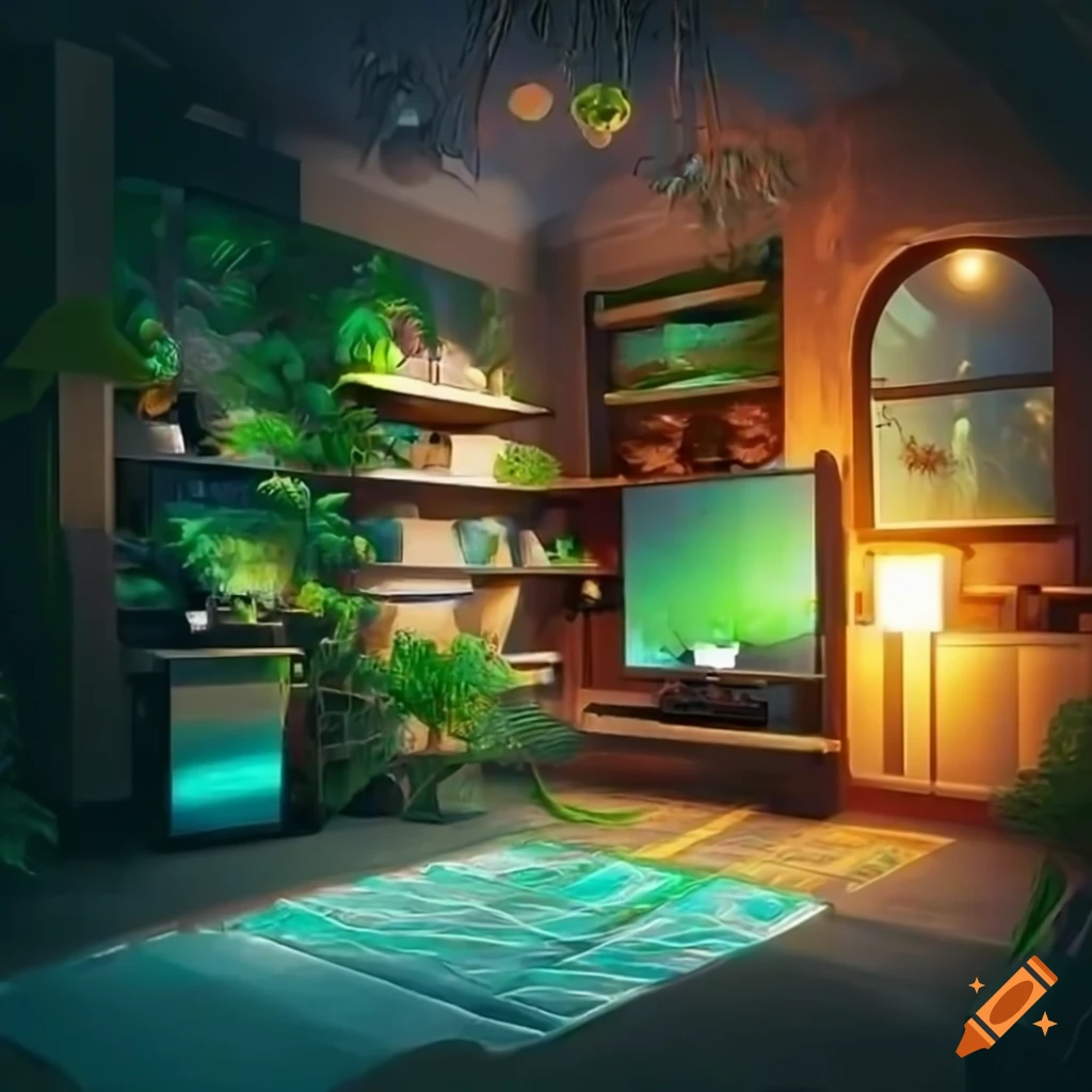 futuristic and harmonious kitchenette living room with gaming workspace and garden view