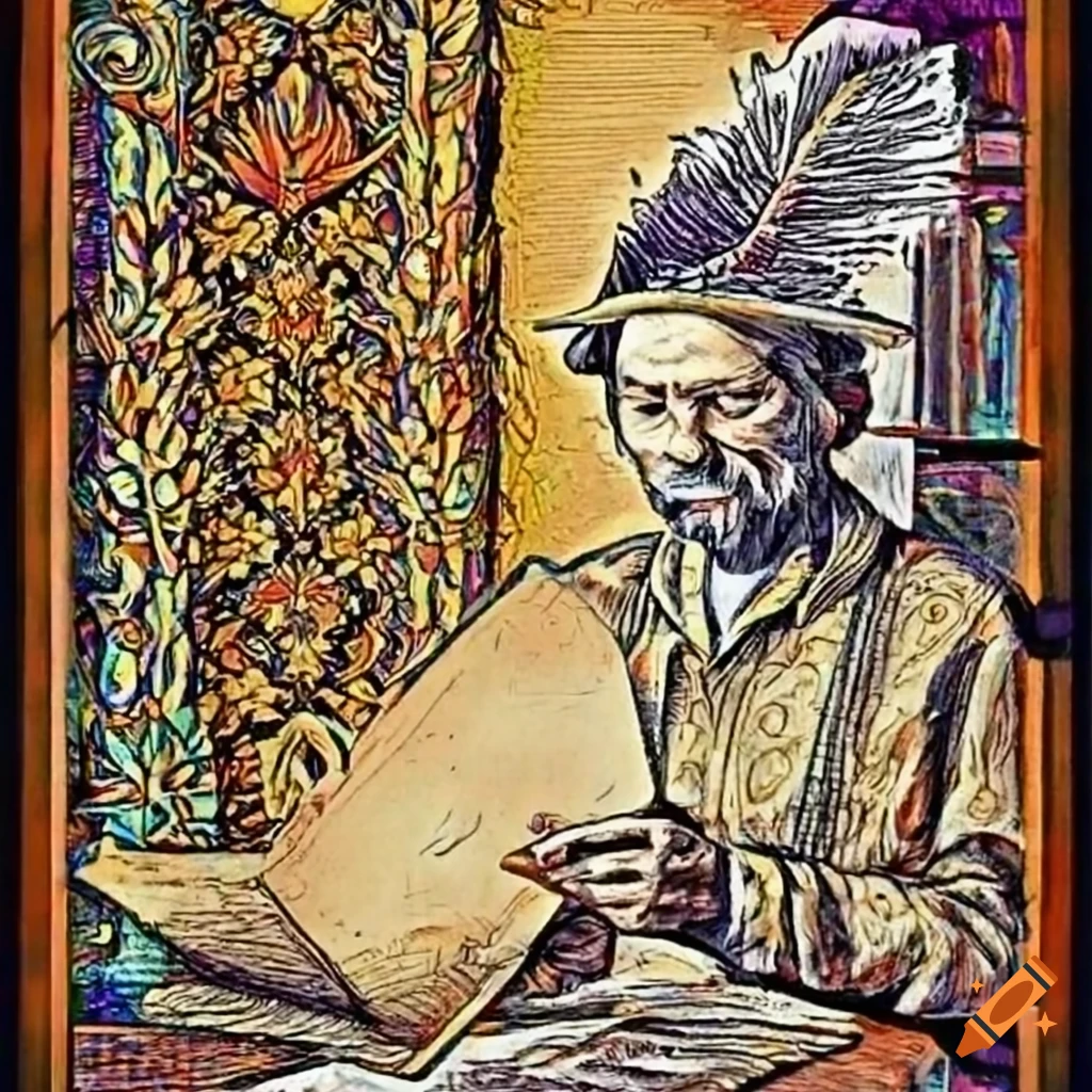 woodcut of a scholar with quill and parchment