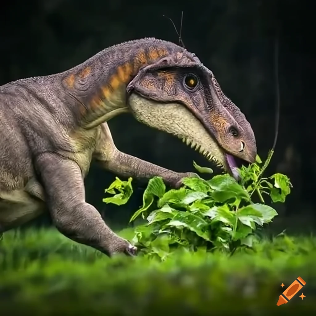 Fluffy brown dinosaur eating a plant on Craiyon