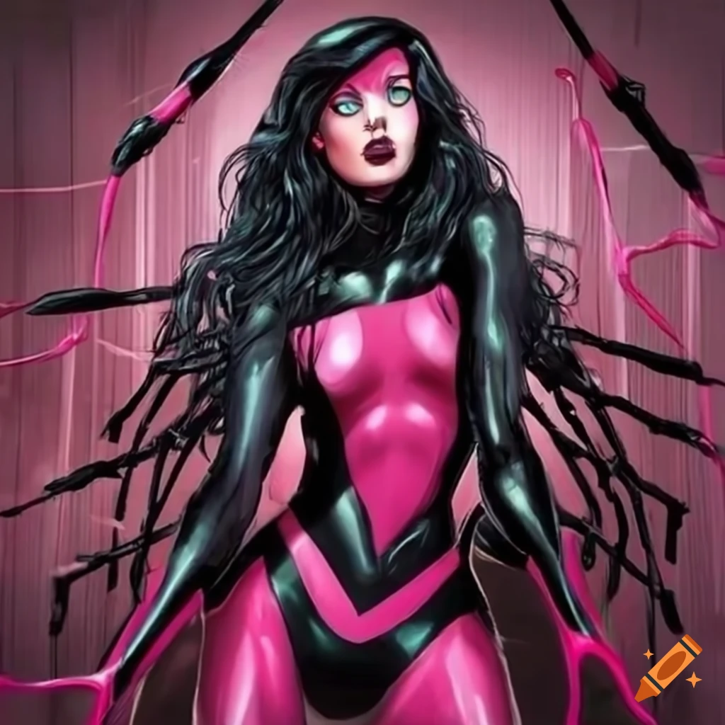 illustration of a pink widow superhero with black hair and green eyes