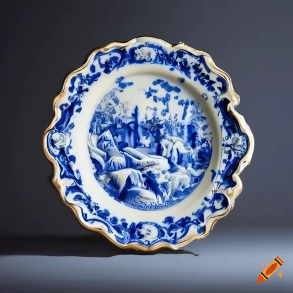 White and blue rococo plate with relief design on Craiyon