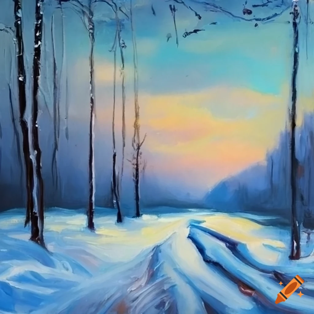 blue-toned oil painting of a winter scene