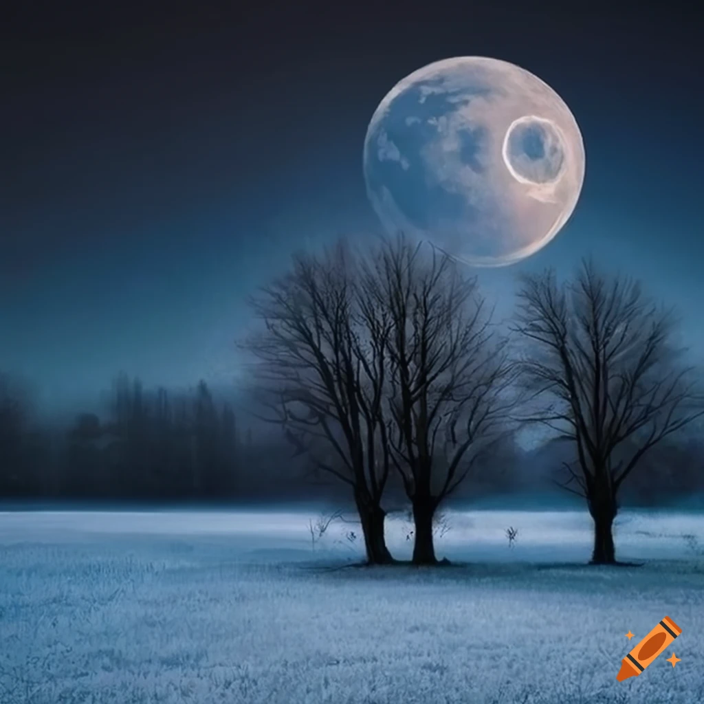 painting of moonlit frosty meadow
