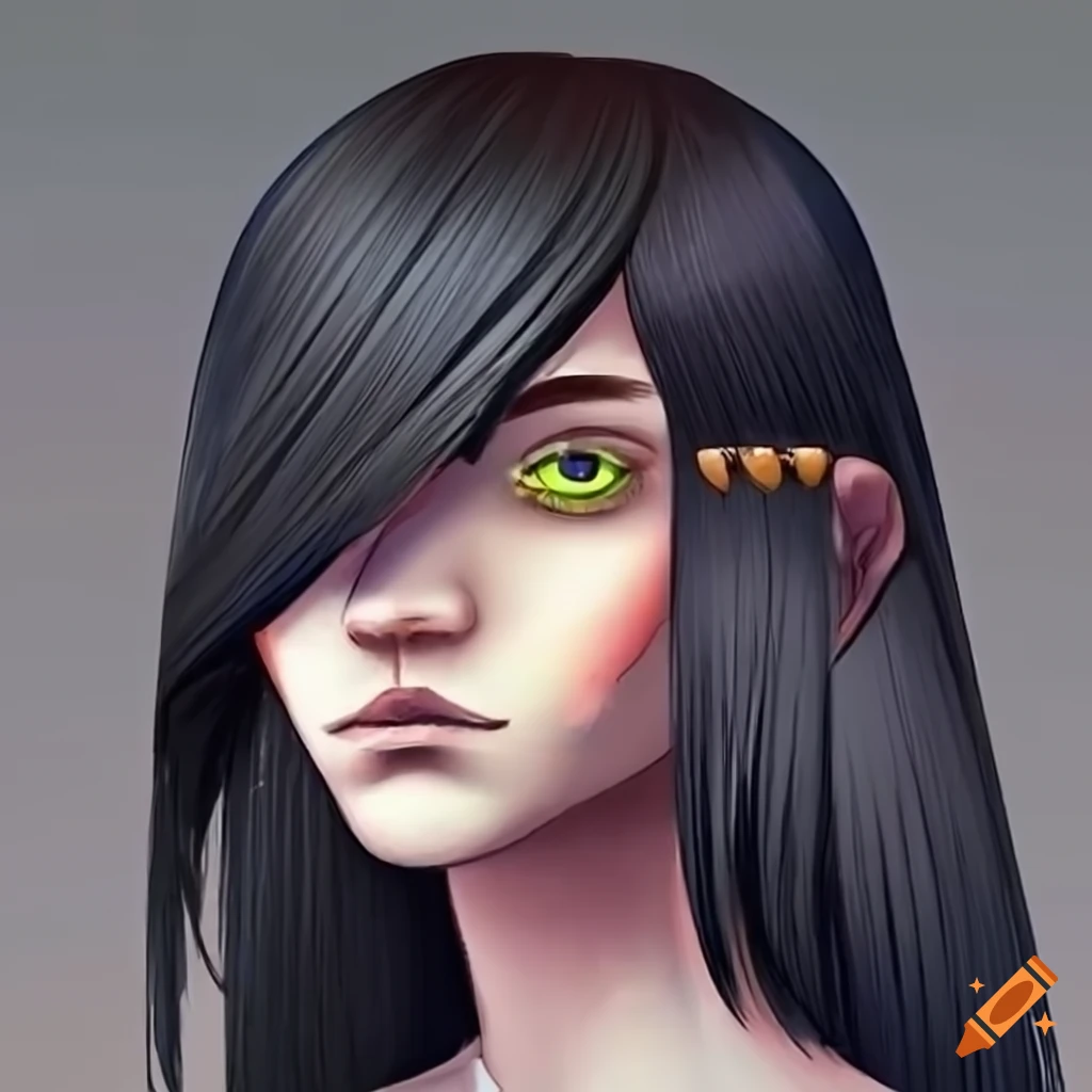 illustration of a male android with black hair and distinct hairstyle