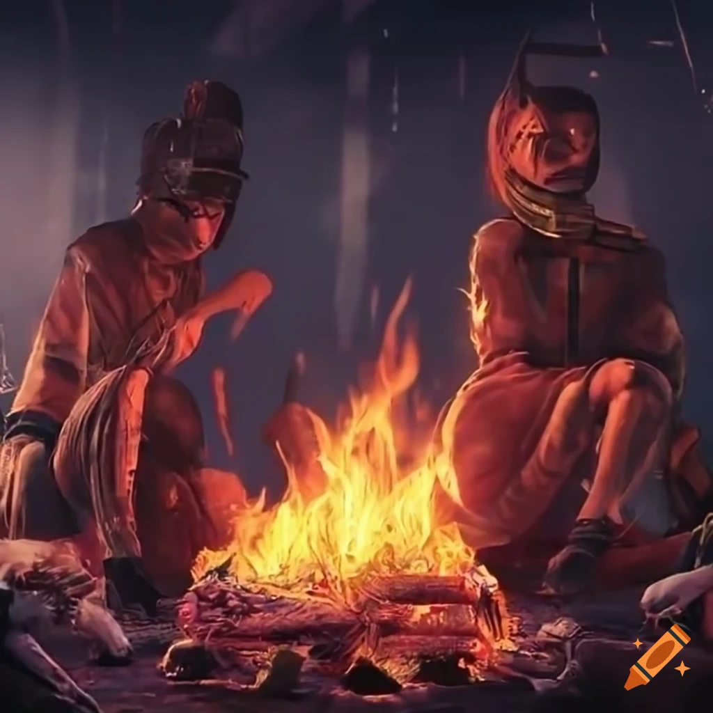 cyberpunk themed bonfire in a campsite