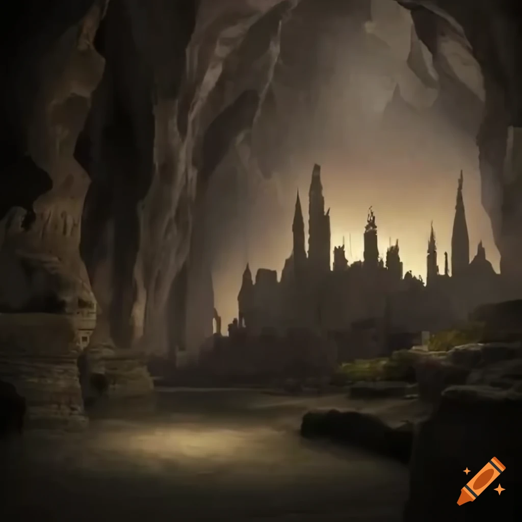 Realistic depiction of an ancient underground city in a cave on Craiyon