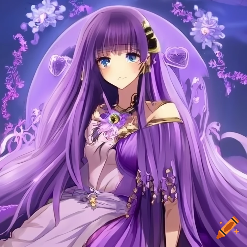 Anime princess with purple hair and fancy dress on Craiyon