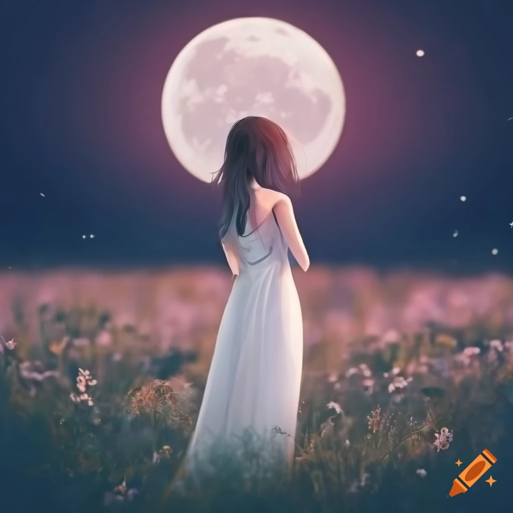 woman standing in a flower field under a big moon