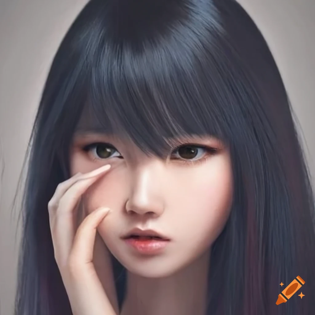 Portrait of a stylish woman with long black hair and bangs