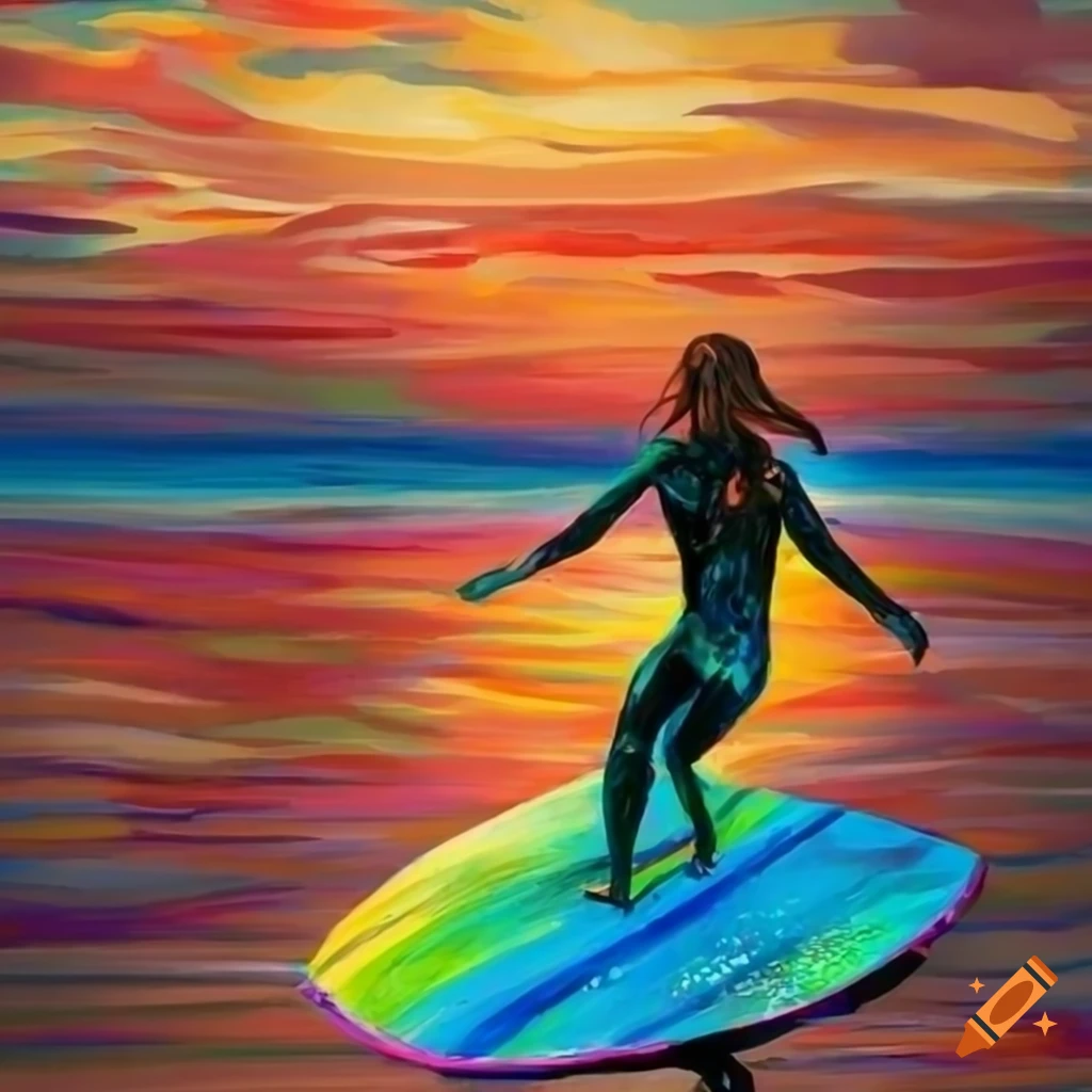 Colorful artwork of a girl surfing