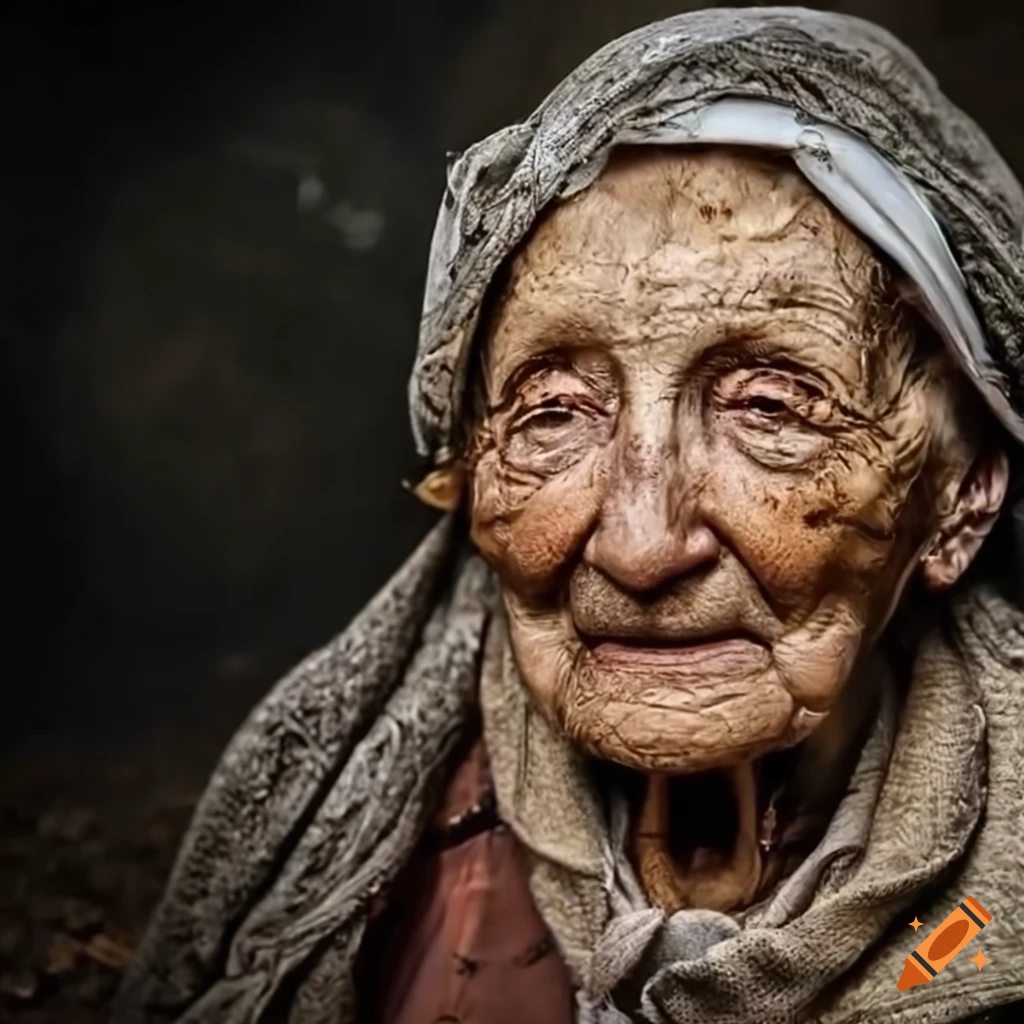 portrait of an elderly woman wearing a traditional babushka headscarf