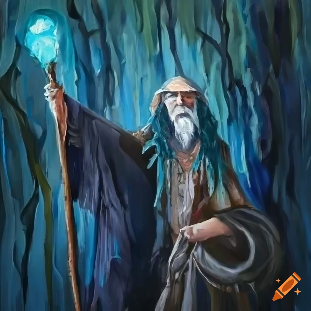 knife palette painting of a wizard with glowing staff