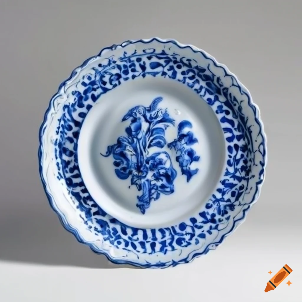 Blue and white rococo plate with relief design on Craiyon