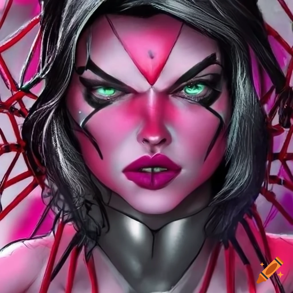 image of a pink widow spider-woman with black hair and green eyes