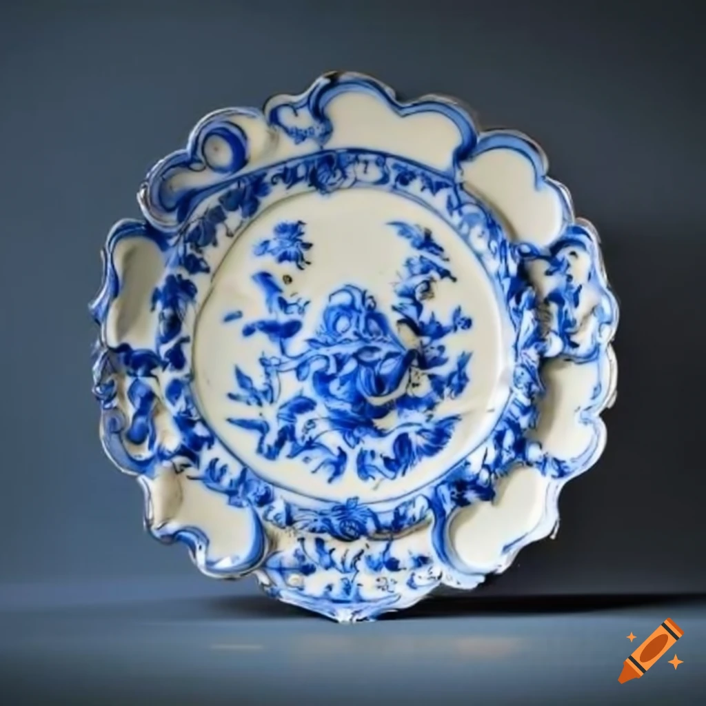 Rococo white and blue relief plate on Craiyon