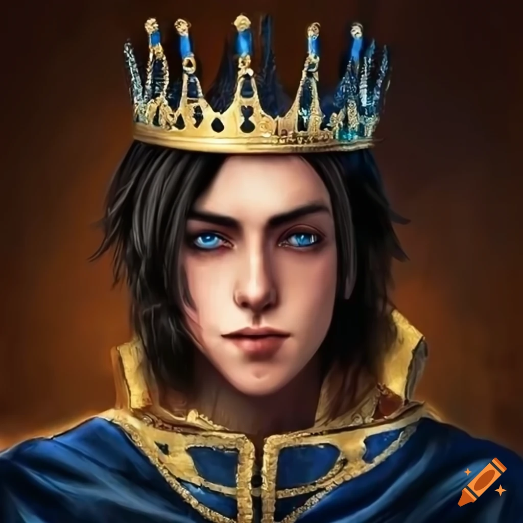 Portrait of a young king with black hair and blue eyes