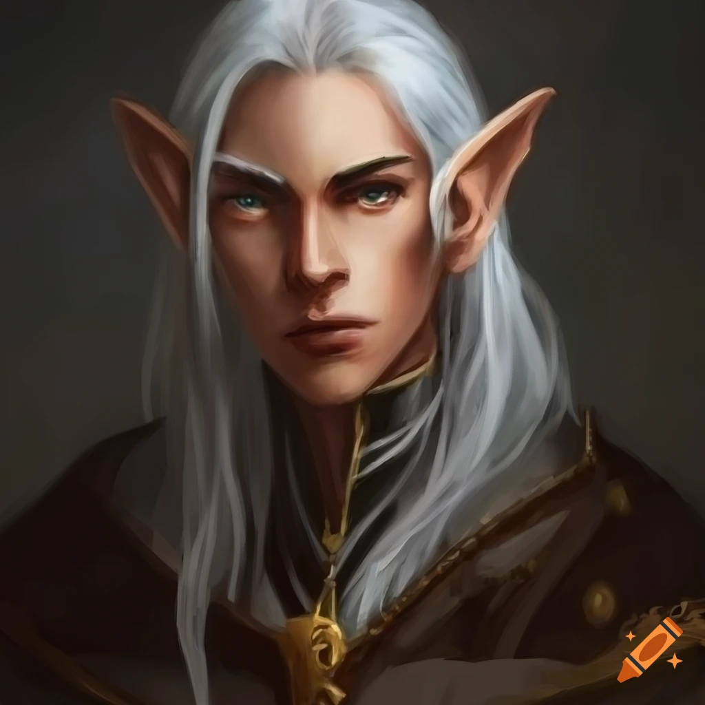 painting of a male elf priest with white hair and black eyes
