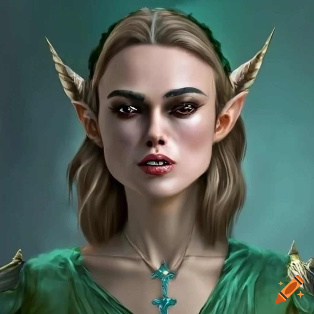 Fantasy depiction of keira knightley as an elf with a unicorn on Craiyon