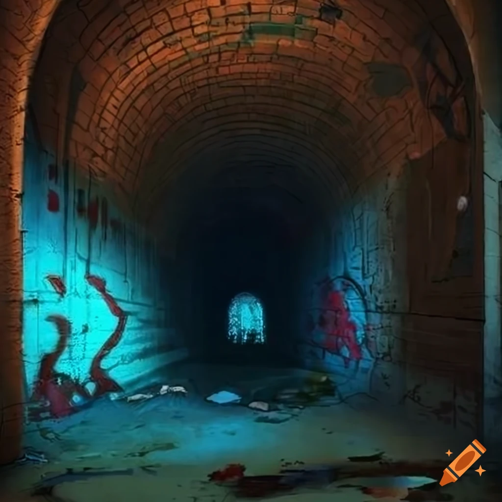 Dark sewer tunnel with trash and water on Craiyon