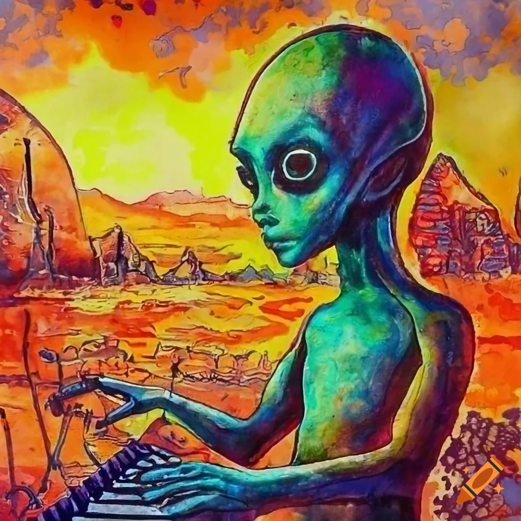 vintage psychedelic cover art featuring an Alien playing a synthesizer