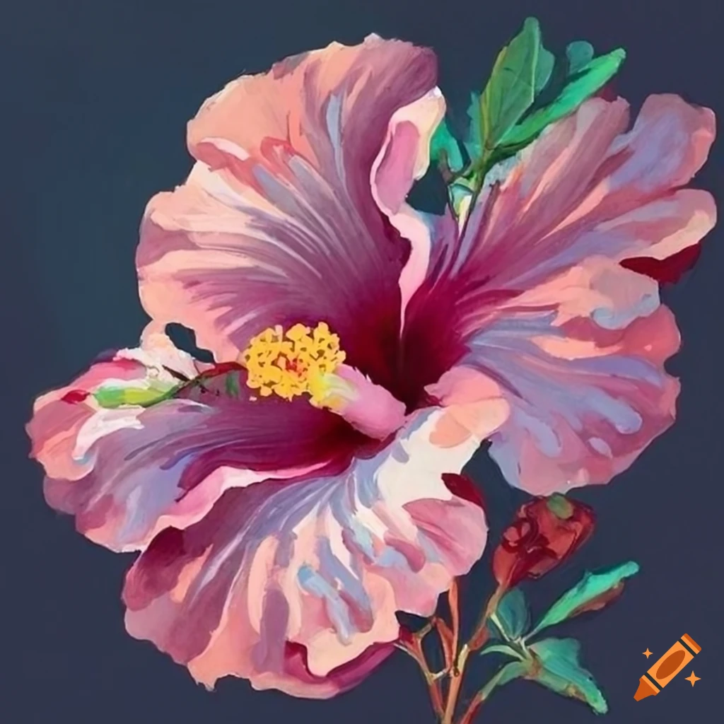 pink hibiscus painting with blooming shrubs