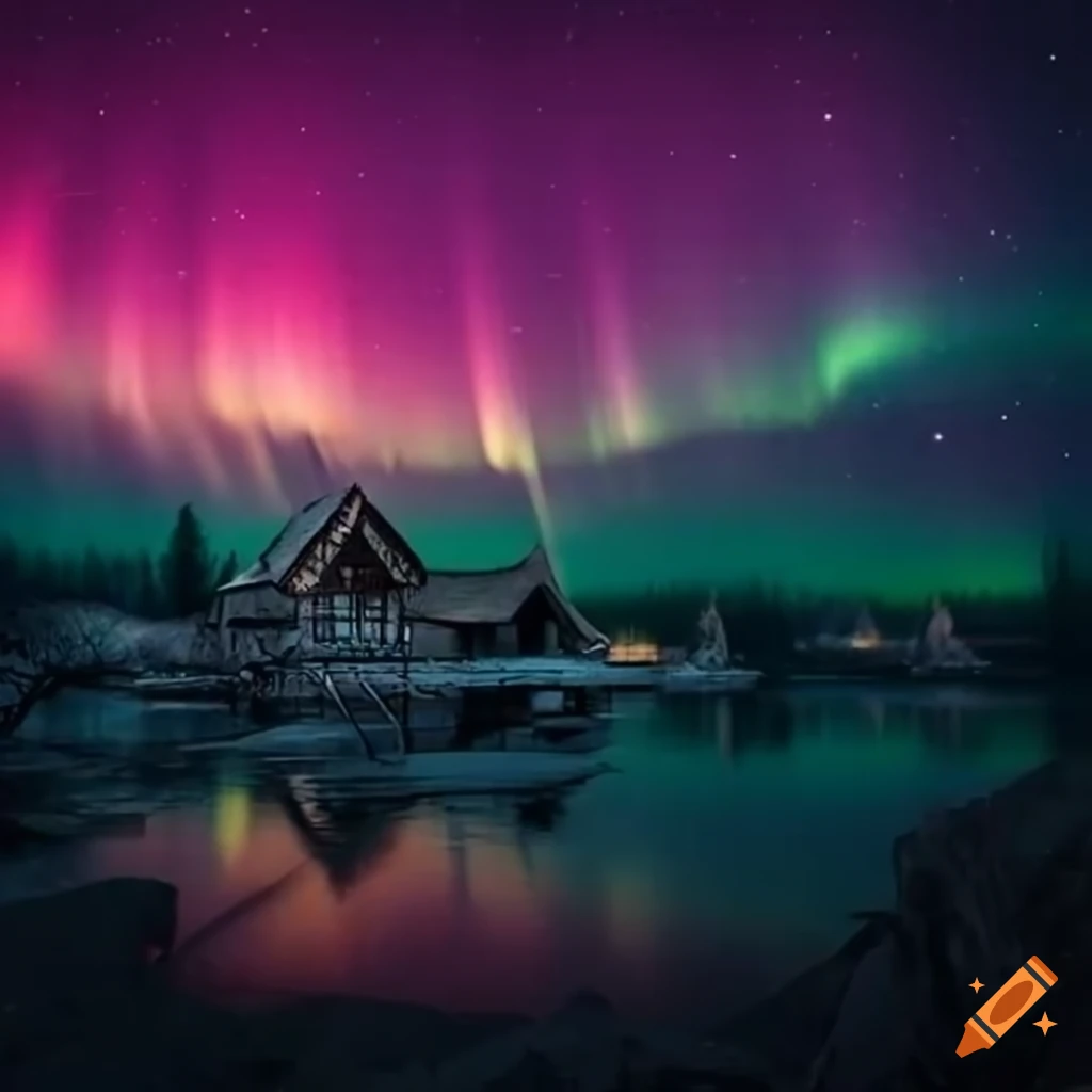 viking village under the northern lights