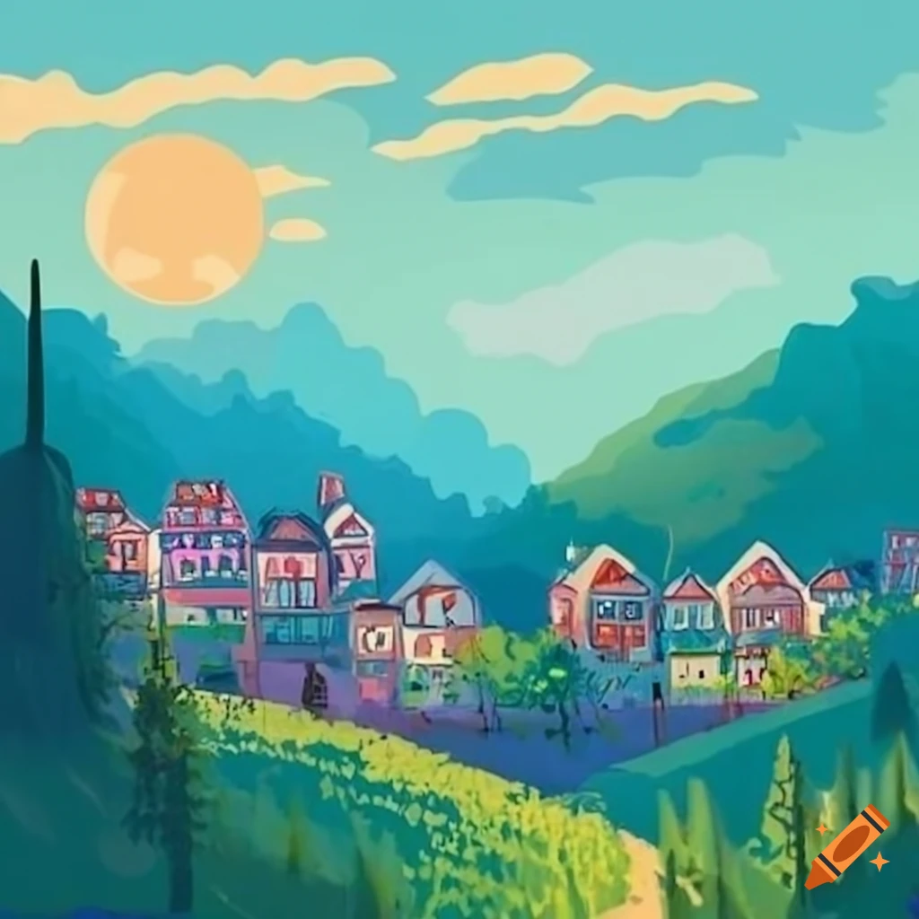 Painting of a cozy town surrounded by rolling hills on Craiyon