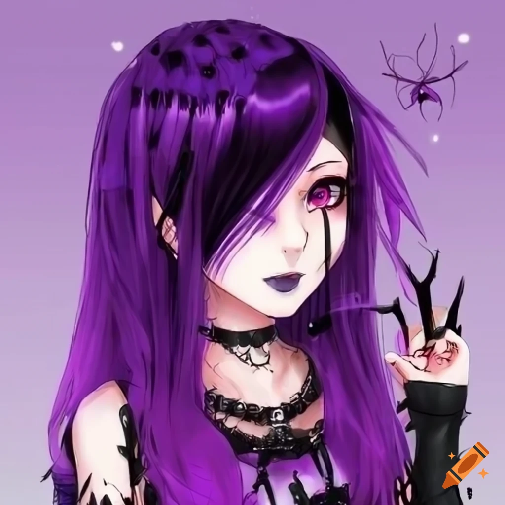 Anime Goth Girl With Purple Hair And Spiders On Craiyon