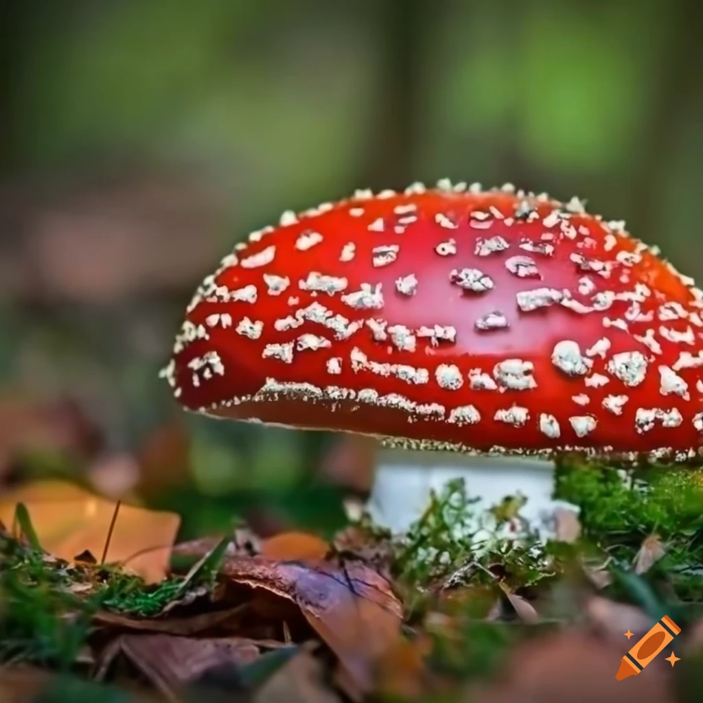 enchanting forest with greenery and red amanita muscaria lanterns
