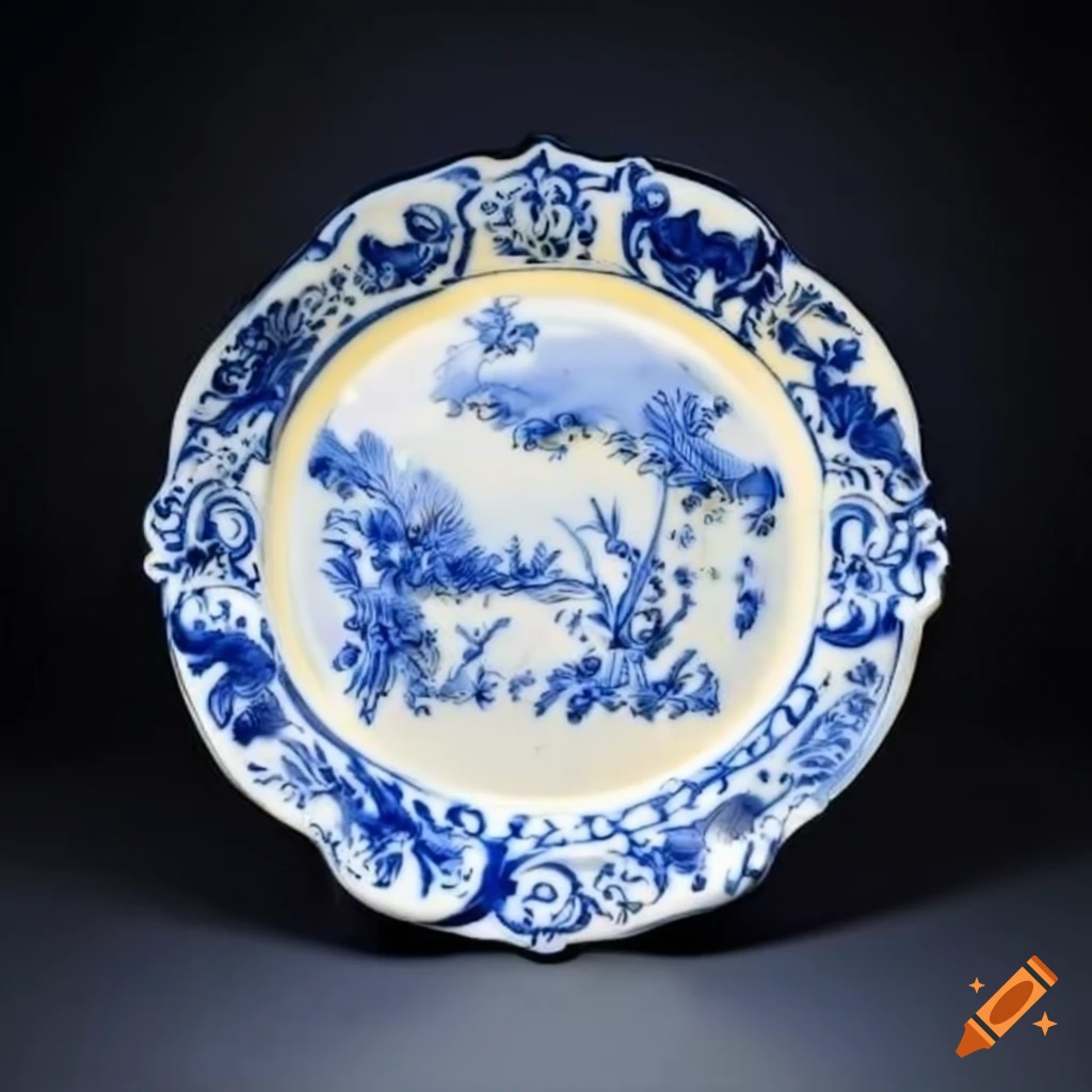White and blue relief rococo plate on Craiyon