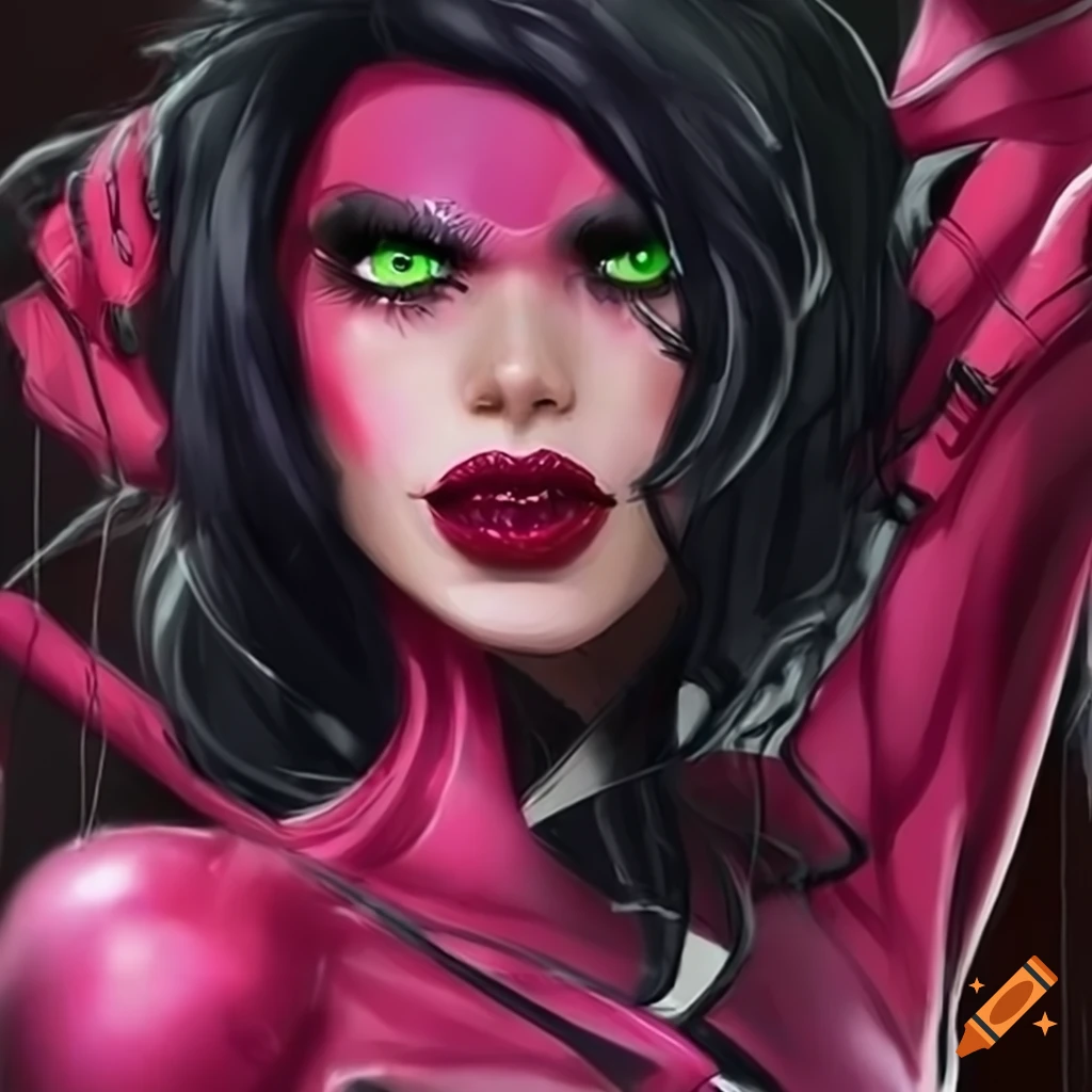 Close Up Of A Pink Widow Spider Woman With Black Hair And Green Eyes On Craiyon 7335