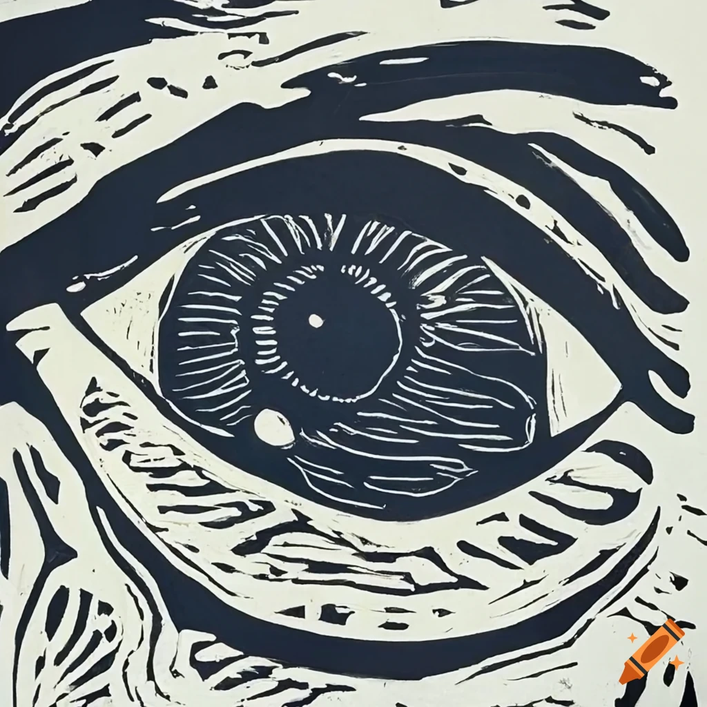 Linocut print of an eye with the word obey on Craiyon