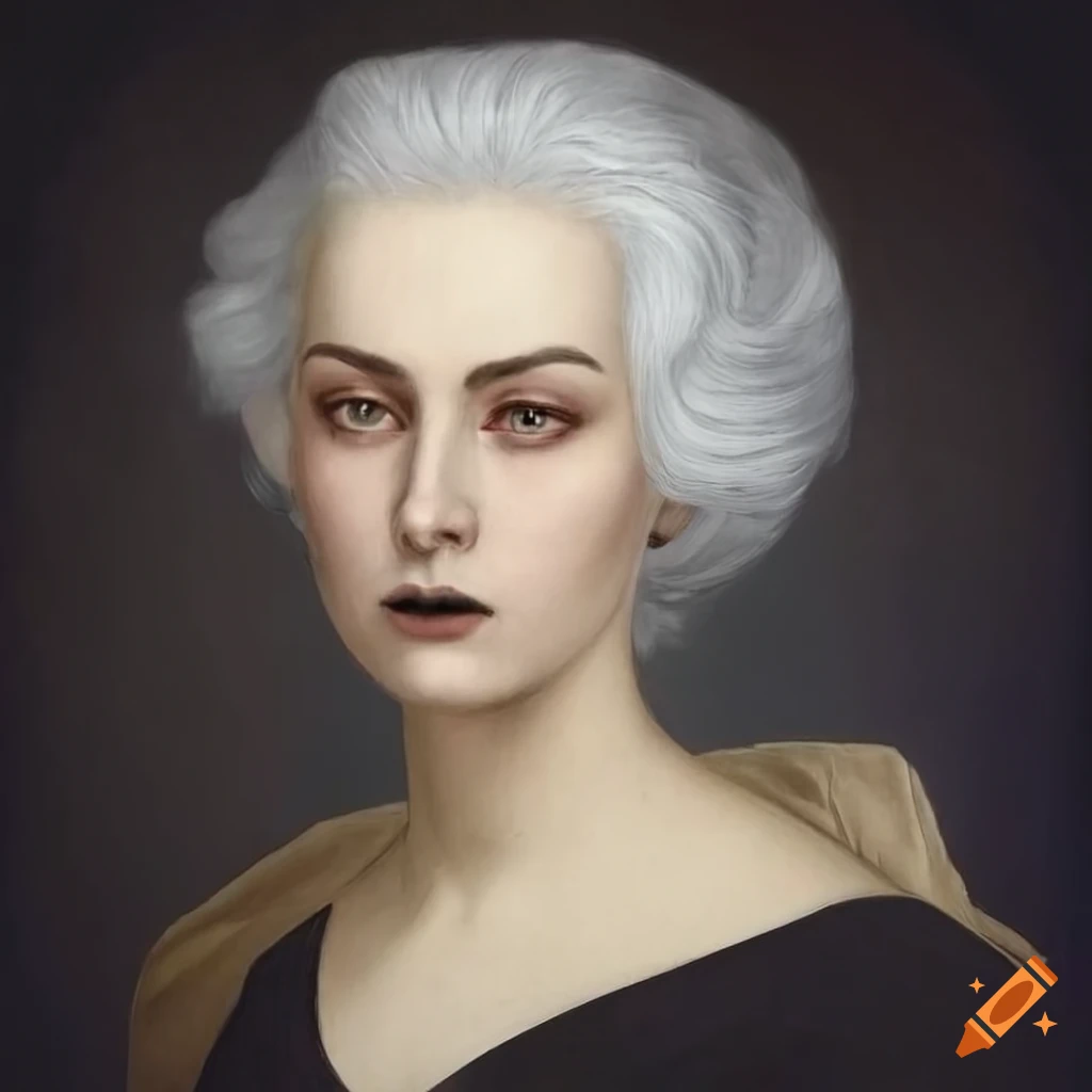 Realistic portrait of a woman with dark eyes and white hair