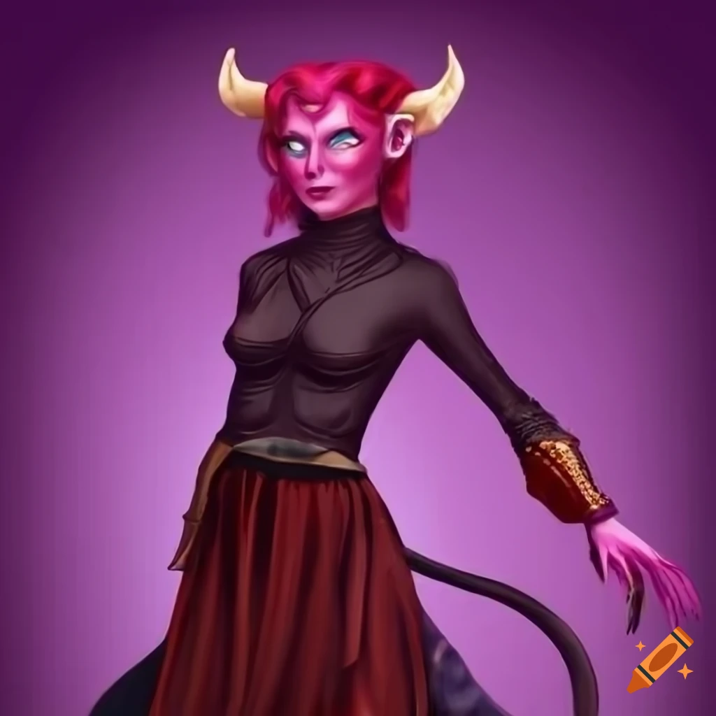 Illustration of a fierce tiefling woman with short red hair on Craiyon