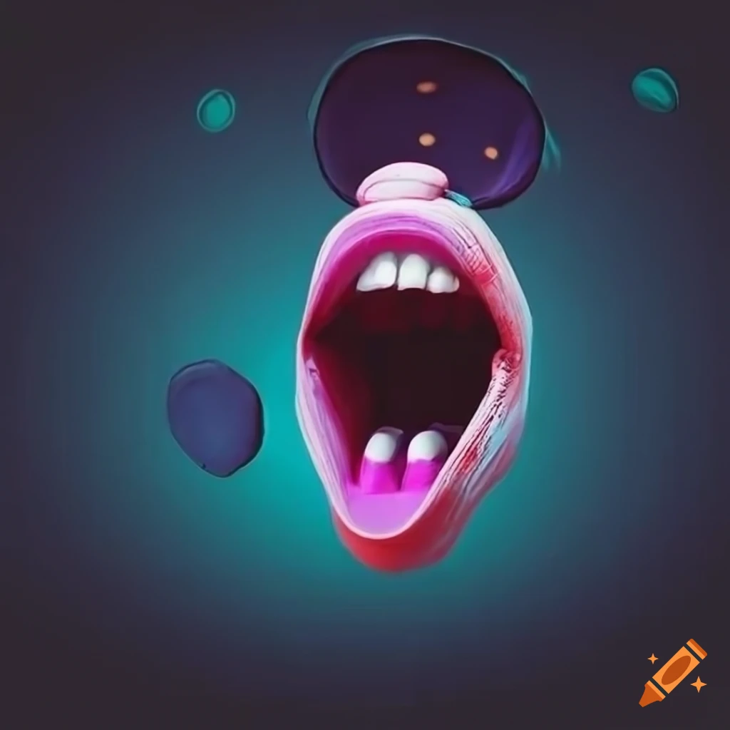 cyberpunk concept of pills falling into a mouth